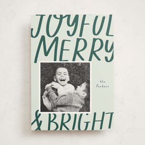 This is a mint photo mount holiday cards with standard by AK Graphics called joyful merry bright printing on recycled in photo_mount