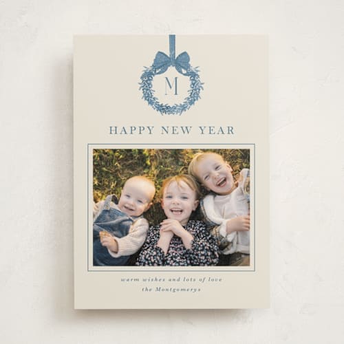 This is a blue joy photo mount holiday cards with standard by Petra Kern called winter monogram printing on recycled in photo_mount