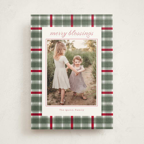 This is a wreath photo mount holiday cards with standard by Baumbirdy called traditional plaid printing on recycled in photo_mount