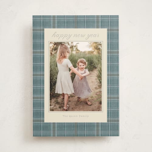 This is a powder blue photo mount holiday cards with standard by Baumbirdy called traditional plaid printing on recycled in photo_mount