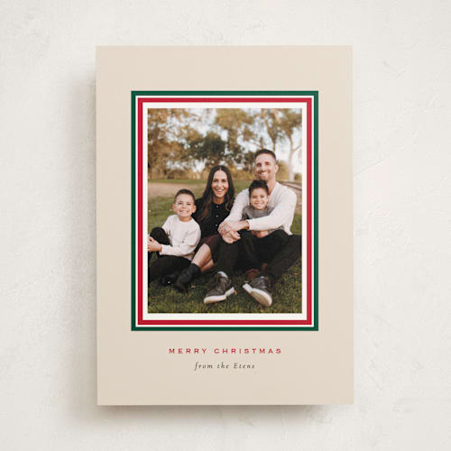 This is a cream photo mount holiday cards with standard by Sara Hicks Malone called christmas classic border printing on recycled in photo_mount