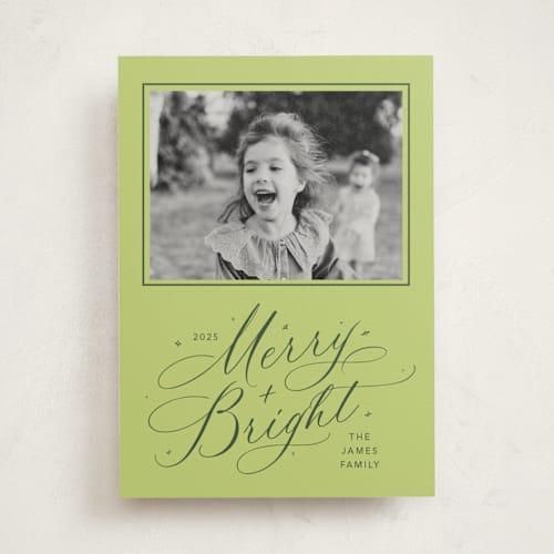 This is a lime photo mount holiday cards with standard by Erin Hodges called bright laughter printing on recycled in photo_mount