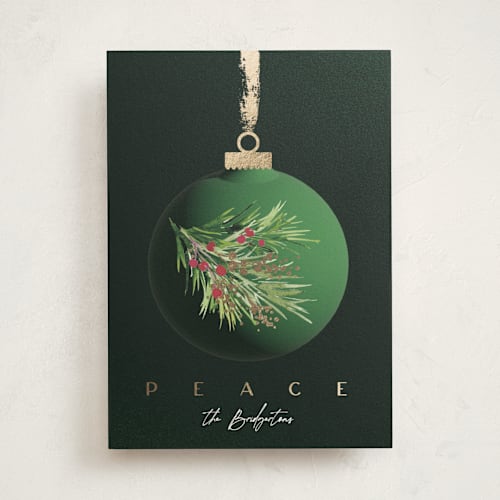 This is a emerald foil pressed holiday cards with foil pressed by silverscreen studio called vintage bauble printing on signature in standard