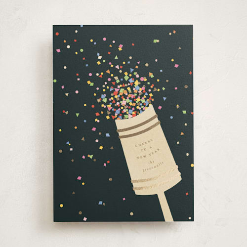 This is a midnight foil pressed holiday cards with foil pressed by Ellen Schlegelmilch called confetti popper printing on signature in standard