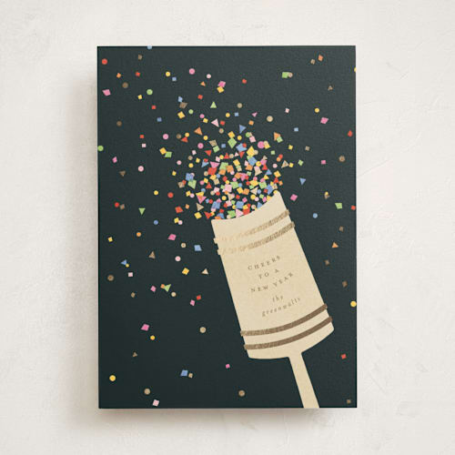 This is a midnight foil pressed holiday cards with foil pressed by Ellen Schlegelmilch called confetti popper printing on signature in standard