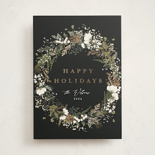 This is a pine foil pressed holiday cards with foil pressed by Susan Moyal called pinecones & greens printing on signature in standard