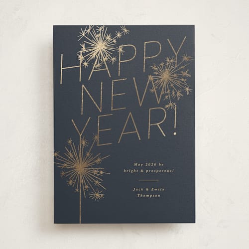 This is a midnight foil pressed holiday cards with foil pressed by Paula Pecevich called sparkling new year printing on signature in standard