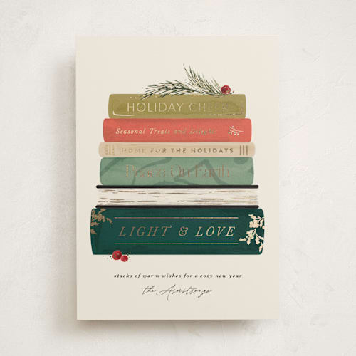 This is a holly jolly foil pressed holiday cards with foil pressed by Kate Ahn called book stack printing on signature in standard