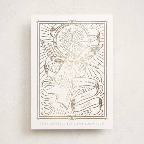 This is a cloud foil pressed holiday cards with foil pressed by Teju Reval called gilded angel printing on signature in standard