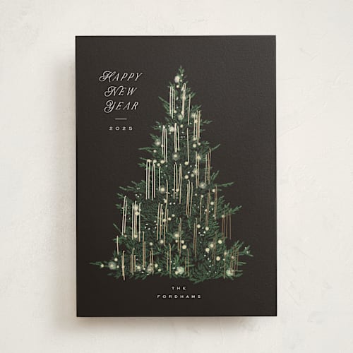 This is a charcoal foil pressed holiday cards with foil pressed by Leah Bisch called tinsel tree printing on signature in standard