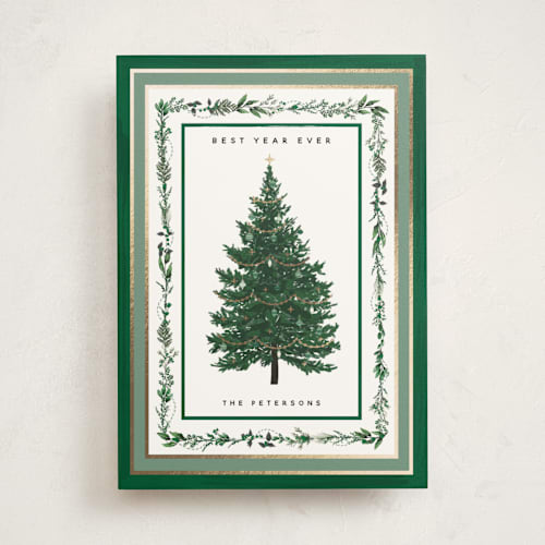 This is a juniper foil pressed holiday cards with foil pressed by Susan Moyal called decorated christmas printing on signature in standard