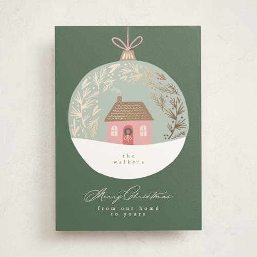 This is a forest foil pressed holiday cards with foil pressed by Karidy Walker called little house ornament printing on signature in standard