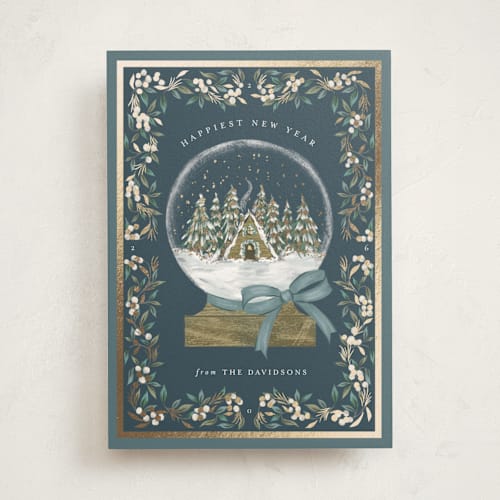 This is a frost foil pressed holiday cards with foil pressed by Jackie Crawford called cabin snow globe printing on signature in standard