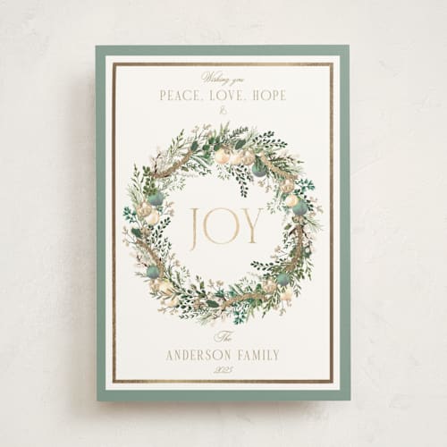 This is a wintermint foil pressed holiday cards with foil pressed by Susan Moyal called peace, love & hope printing on signature in standard