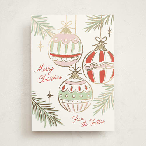 This is a festive foil pressed holiday cards with foil pressed by Erin German called bright ornaments printing on signature in standard
