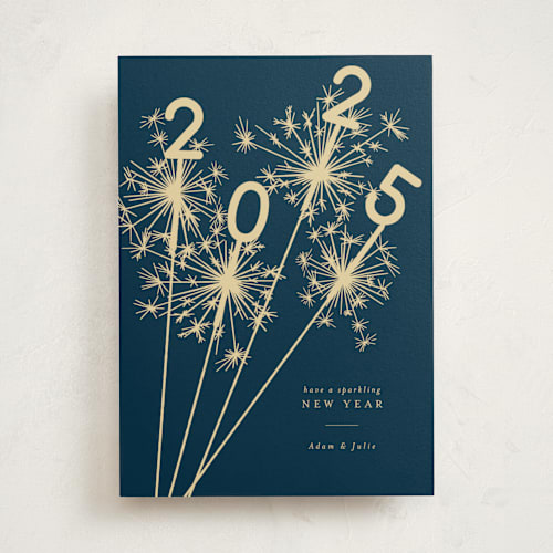 This is a navy non photo holiday cards with standard by Paula Pecevich called sparklers printing on signature in standard