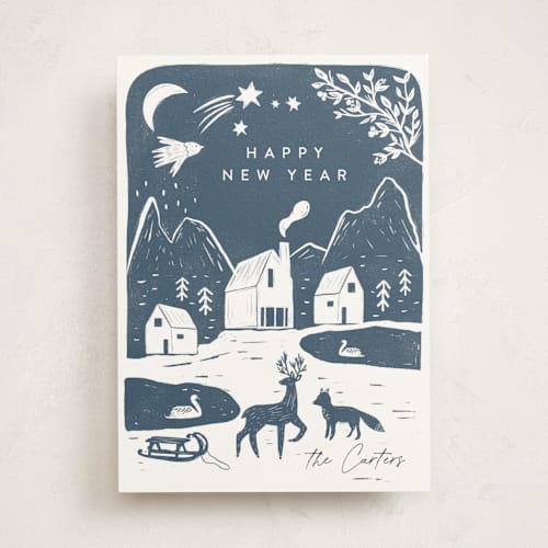 This is a night non photo holiday cards with standard by Maja Cunningham called winter linocut printing on signature in standard