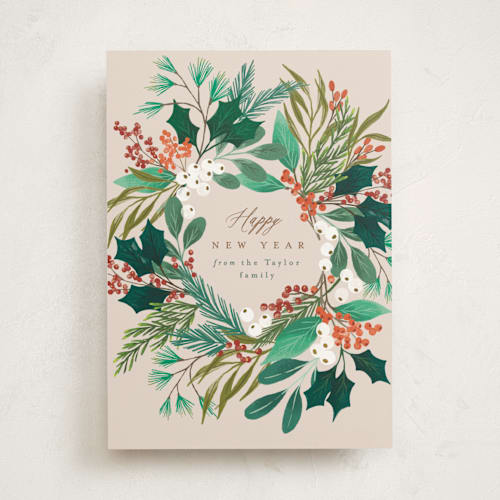 This is a buttercream non photo holiday cards with standard by Alethea and Ruth called foliage wreath printing on signature in standard