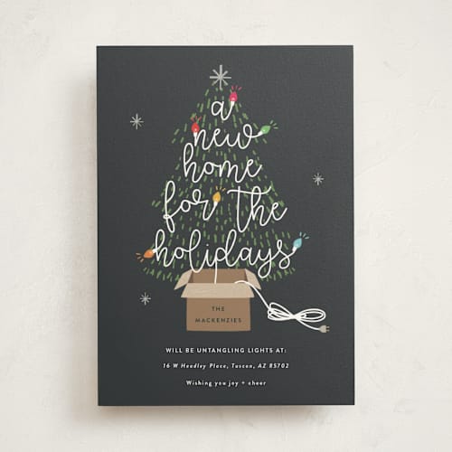 This is a charcoal non photo holiday cards with standard by Corinne Malesic called twinkling new home printing on signature in standard