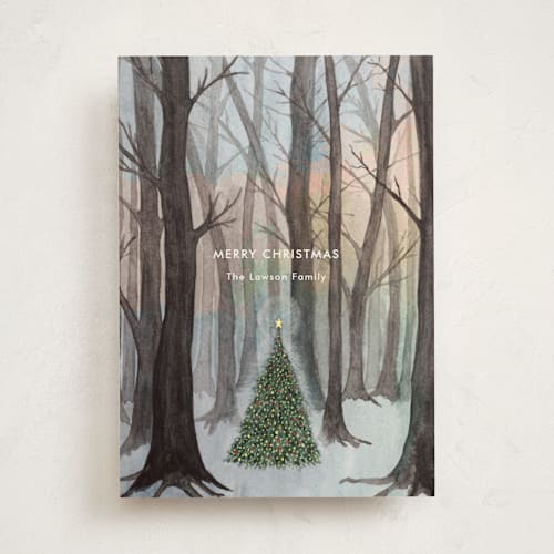 This is a sunset non photo holiday cards with standard by Karina Racz called silent night woods printing on signature in standard