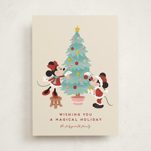 This is a sugar cookie non photo holiday cards with standard by Jamie Alexander called disney's mickey and minnie trimming the tree printing on signature in standard