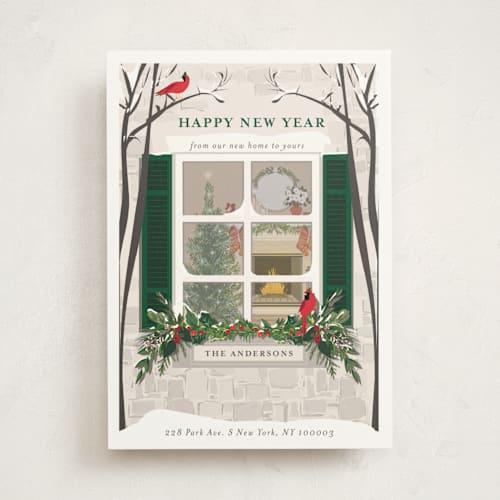 This is a pine non photo holiday cards with standard by Susan Moyal called holiday window printing on signature in standard