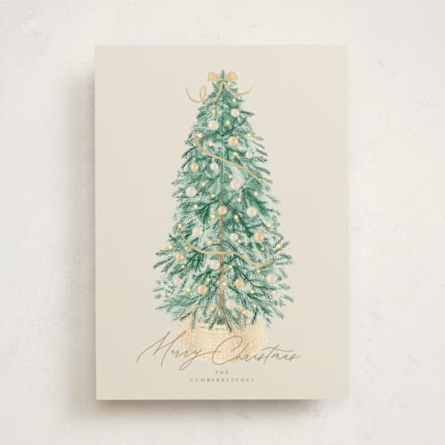 This is a golden non photo holiday cards with standard by Tamara Hilje called farmhouse tree printing on signature in standard