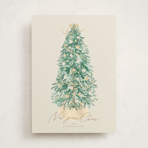 This is a golden non photo holiday cards with standard by Tamara Hilje called farmhouse tree printing on signature in standard