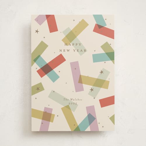 This is a teal non photo holiday cards with standard by Ellen Schlegelmilch called confetti strips printing on signature in standard