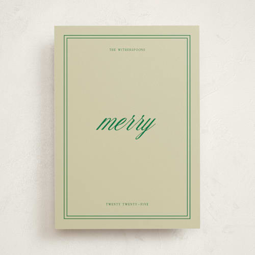 This is a emerald non photo holiday cards with standard by Jen Ramsey called merry merry printing on signature in standard