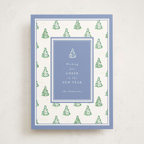 This is a provincial blue non photo holiday cards with standard by Corinne Malesic called little trees printing on signature in standard