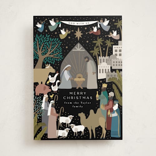 This is a midnight non photo holiday cards with standard by Alethea and Ruth called god with us nativity printing on signature in standard