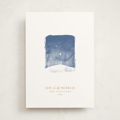 This is a linen non photo holiday cards with standard by Robert and Stella called tiny nativity printing on signature in standard