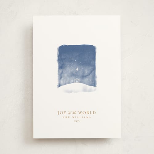 This is a linen non photo holiday cards with standard by Robert and Stella called tiny nativity printing on signature in standard