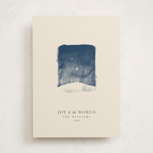 This is a cream non photo holiday cards with standard by Robert and Stella called tiny nativity printing on signature in standard