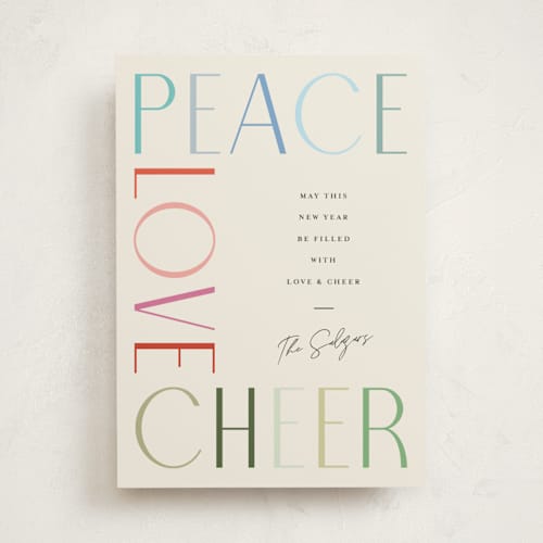 This is a fruitcake non photo holiday cards with standard by Pixel and Hank called peace love cheer printing on signature in standard