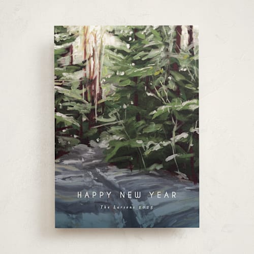 This is a pine non photo holiday cards with standard by Holly Whitcomb called peaceful forest printing on signature in standard