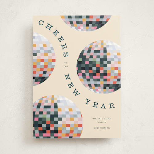 This is a champagne non photo holiday cards with standard by Pixel and Hank called new year disco printing on signature in standard