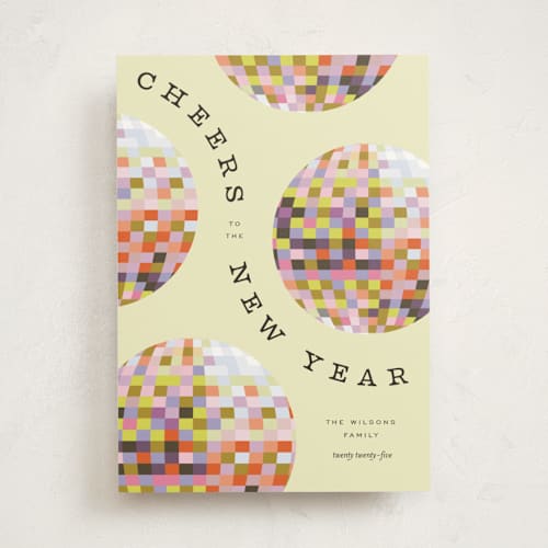 This is a sun non photo holiday cards with standard by Pixel and Hank called new year disco printing on signature in standard