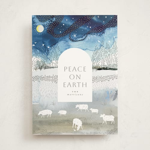 This is a indigo non photo holiday cards with standard by Eve Schultz called winter pastoral printing on signature in standard