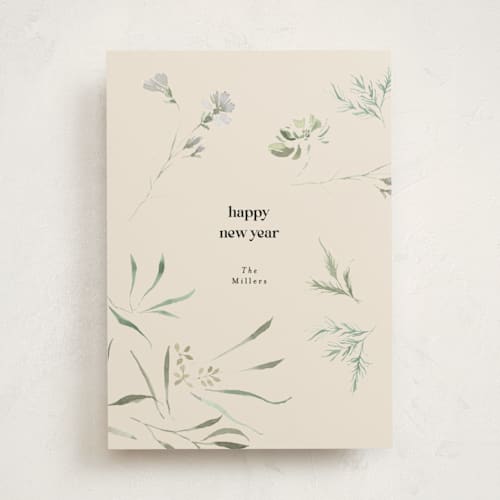 This is a natural non photo holiday cards with standard by Phrosné Barwood called soft greenery printing on signature in standard