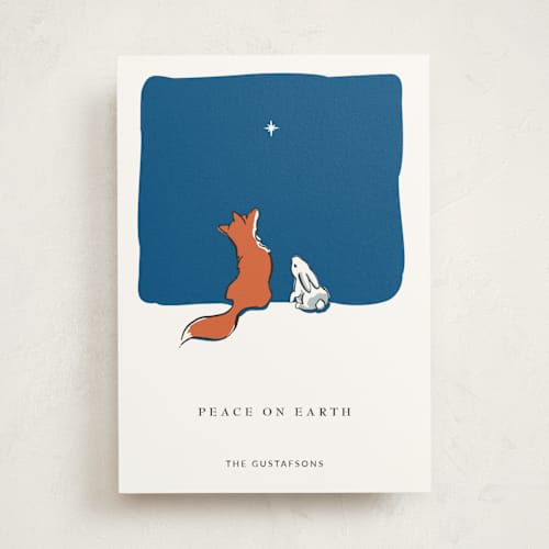 This is a twilight non photo holiday cards with standard by Diane Pearse called peace on earth fox and rabbit printing on signature in standard