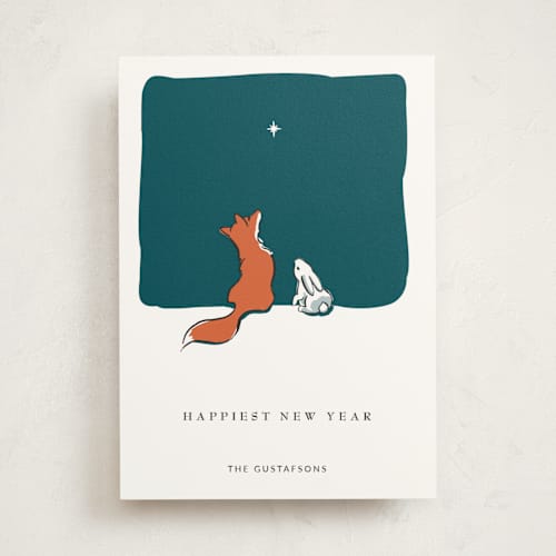 This is a evergreen non photo holiday cards with standard by Diane Pearse called peace on earth fox and rabbit printing on signature in standard