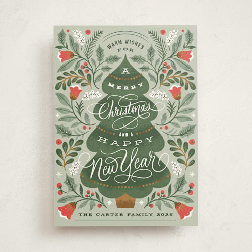 This is a leaf non photo holiday cards with standard by Kristen Smith called ornate tree printing on signature in standard