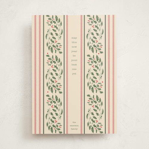 This is a champagne non photo holiday cards with standard by Baumbirdy called holly wallpaper printing on signature in standard