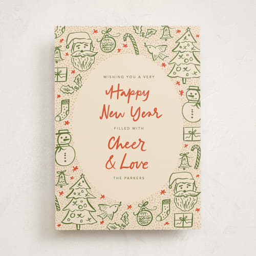 This is a stocking non photo holiday cards with standard by Creo Study called doodled icons printing on signature in standard