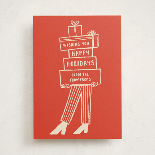 This is a stocking non photo holiday cards with standard by Claire called presents printing on signature in standard