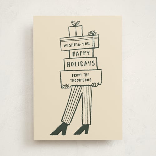 This is a eggnog non photo holiday cards with standard by Claire called presents printing on signature in standard