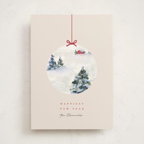 This is a buttercream non photo holiday cards with standard by Lindsay Megahed called snowy scene ornament printing on signature in standard