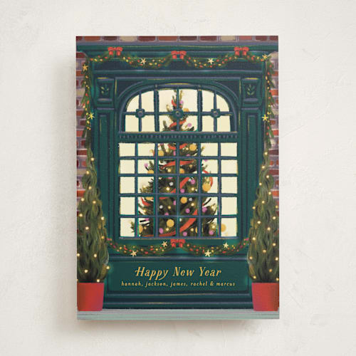 This is a dark turquoise non photo holiday cards with standard by Becky Nimoy called christmas window printing on signature in standard